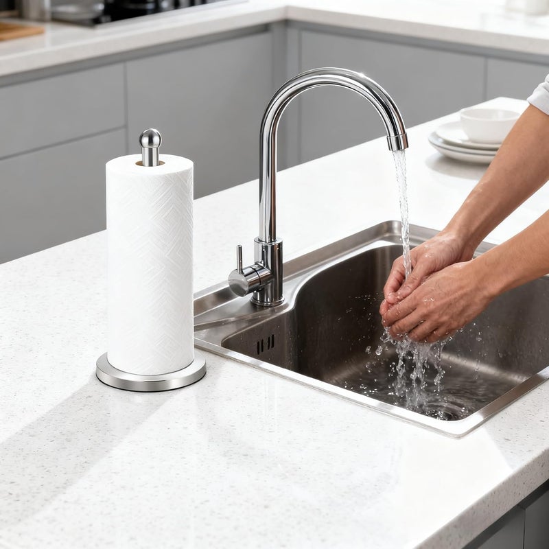 DAWNER Paper Towel Holder Countertop, Freestanding Kitchen Paper Holder Stand, One-Handed Tear, Stainless Steel, Paper Towel Dispenser with Weighted Base for Standard Towel Rolls, Brushed Nickel - Image 4
